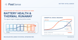 Fast Sense infographic: Battery Health and Thermal Runaway, showing a battery schematic and conceptual off-gas, temperature and voltage signal sequence