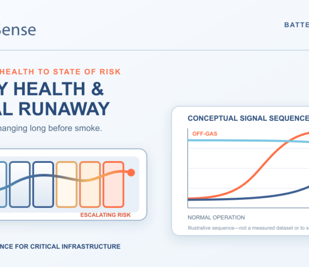 Fast Sense infographic: Battery Health and Thermal Runaway, showing a battery schematic and conceptual off-gas, temperature and voltage signal sequence